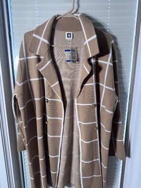 Anne Klein Windowpane Knit Coat XL NWT | Beige Plaid Cardigan Jacket | Marshall